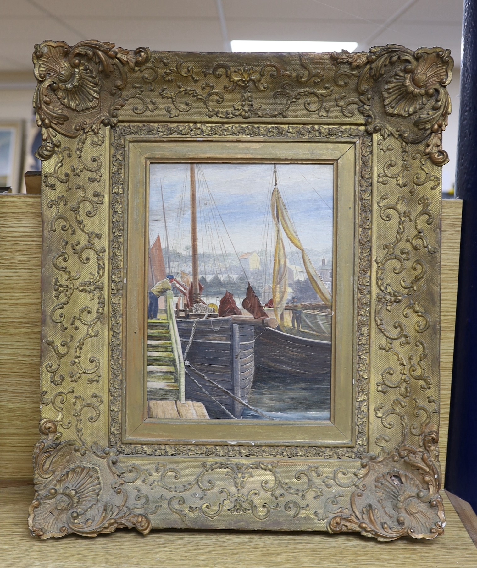 Attributed to Vernon Ward (1905-1985), oil on panel, 'Bruges fish market', 27 x 20cm